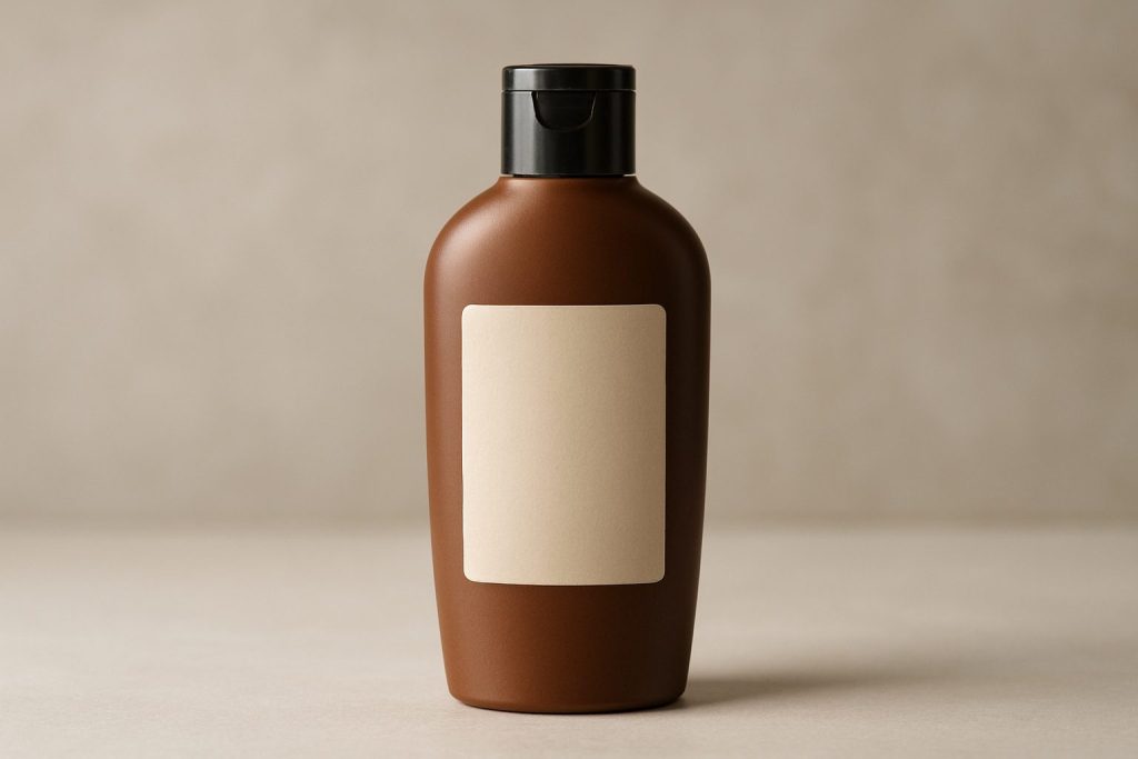 Brown bottle of tanning lotion against a neutral background