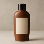 Brown bottle of tanning lotion against a neutral background