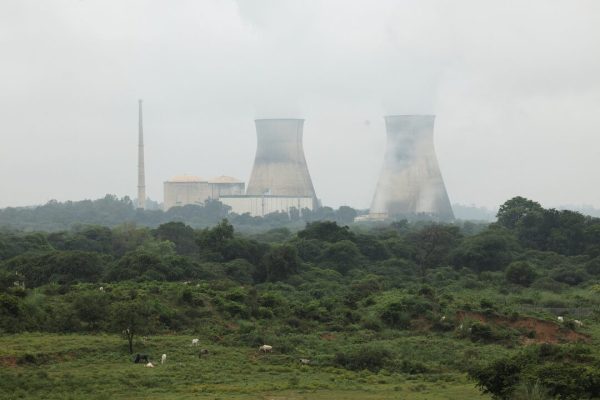 Cooling towers of a power plant surrounded by greenery