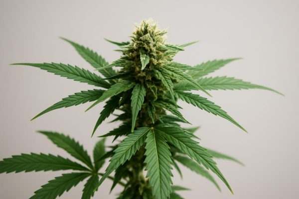 close-up of a cannabis plant with vibrant green leaves and dense buds