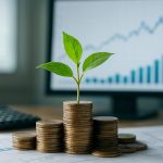 A small plant growing from a stack of coins with a blurred graph in the background.
