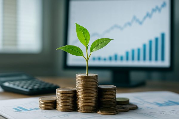 A small plant growing from a stack of coins with a blurred graph in the background.